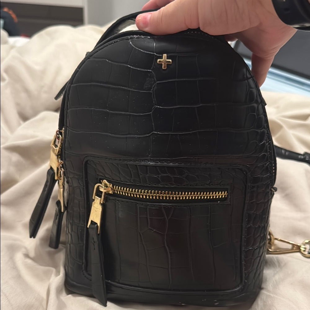 Black Croc-Embossed Backpack with Gold Accents